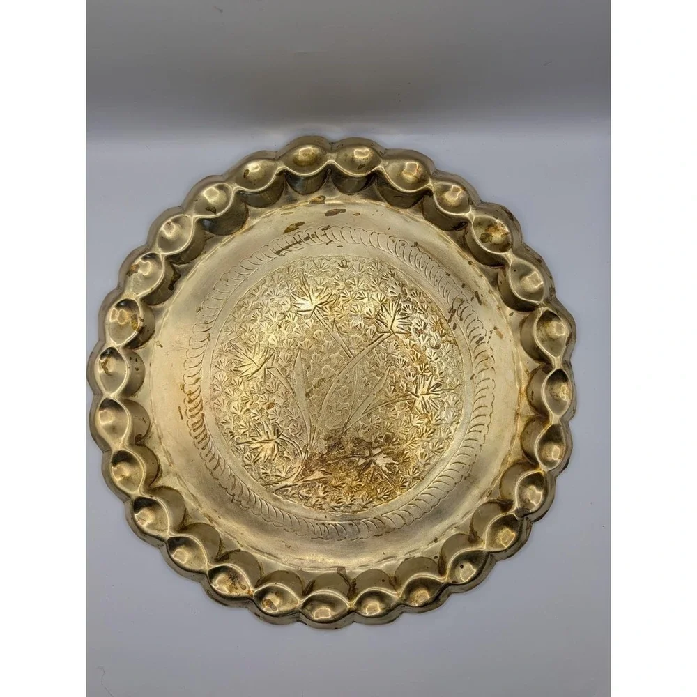 Vintage Etched Brass Large Round Tray Table Top 12